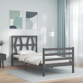 Gray solid wood bed frame with headboard 90x200 cm by vidaXL, Beds and slatted bases - Ref: Foro24-3194363, Price: 100,99 €, ...