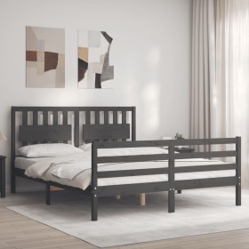 Gray solid wood bed frame with headboard 160x200 cm by vidaXL, Beds and slatted bases - Ref: Foro24-3194323, Price: 165,50 €,...