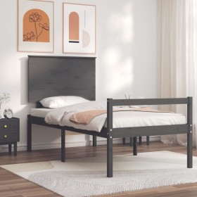 Gray solid wood bed frame with headboard 90x200 cm by vidaXL, Beds and slatted bases - Ref: Foro24-3195468, Price: 112,43 €, ...