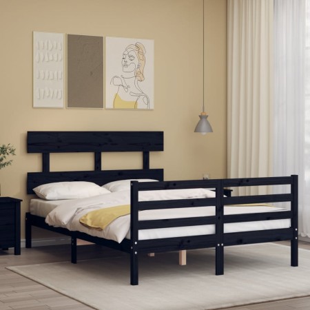 Double bed frame with black solid wood headboard by vidaXL, Beds and slatted bases - Ref: Foro24-3195065, Price: 134,99 €, Di...