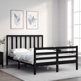 Double bed frame with black solid wood headboard by vidaXL, Beds and slatted bases - Ref: Foro24-3193765, Price: 139,99 €, Di...