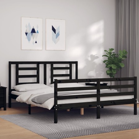 Bed frame with black solid wood headboard 160x200 cm by vidaXL, Beds and slatted bases - Ref: Foro24-3194715, Price: 156,99 €...