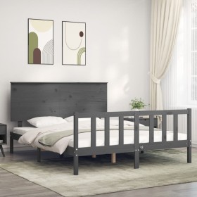 Estructura de cama matrimonio con cabecero madera maciza gris de vidaXL, Camas y somieres - Ref: Foro24-3193408, Precio: 173,...