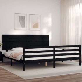 Bed frame with black solid wood headboard 200x200 cm by vidaXL, Beds and slatted bases - Ref: Foro24-3195245, Price: 180,02 €...