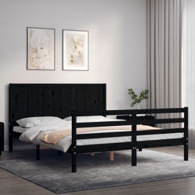 Bed frame with black solid wood headboard 160x200 cm by vidaXL, Beds and slatted bases - Ref: Foro24-3194520, Price: 172,56 €...