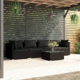 5-teiliges Gartensofa-Set und schwarze synthetische Rattankissen von vidaXL, Gartensets - Ref: Foro24-3101432, Preis: 361,99 ...