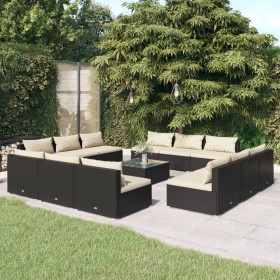 Set muebles de jardín 13 pzas y cojines ratán sintético negro de vidaXL, Conjuntos de jardín - Ref: Foro24-3101575, Precio: 1...