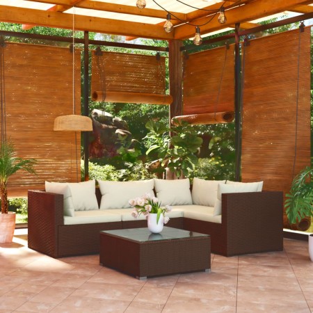 Set muebles de jardín 5 piezas y cojines ratán sintético marrón de vidaXL, Conjuntos de jardín - Ref: Foro24-3101682, Precio:...