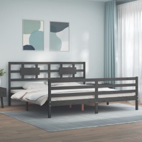 Gray solid wood bed frame with headboard 200x200 cm by vidaXL, Beds and slatted bases - Ref: Foro24-3194463, Price: 175,99 €,...