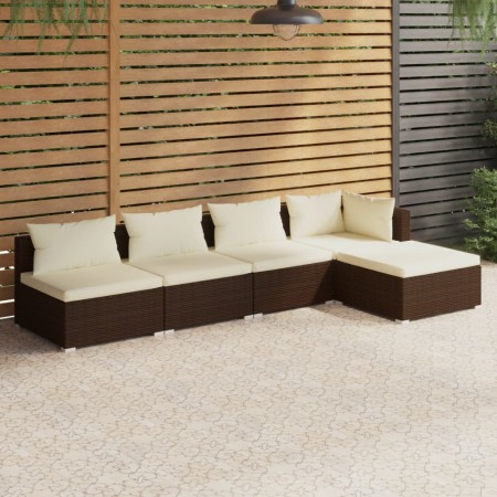 Set muebles de jardín 5 piezas y cojines ratán sintético marrón de vidaXL, Conjuntos de jardín - Ref: Foro24-3101626, Precio:...