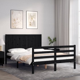 Bed frame with black solid wood headboard 140x190 cm by vidaXL, Beds and slatted bases - Ref: Foro24-3194490, Price: 169,99 €...