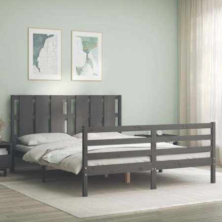 Estructura de cama matrimonio con cabecero madera maciza gris de vidaXL, Camas y somieres - Ref: Foro24-3194123, Precio: 167,...