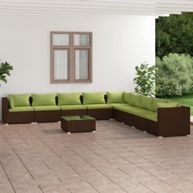 Set muebles de jardín 10 pzas y cojines ratán sintético marrón de vidaXL, Conjuntos de jardín - Ref: Foro24-3101796, Precio: ...