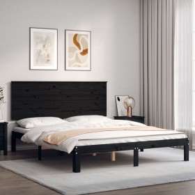 Bed frame with black solid wood headboard 160x200 cm by vidaXL, Beds and slatted bases - Ref: Foro24-3193675, Price: 176,99 €...