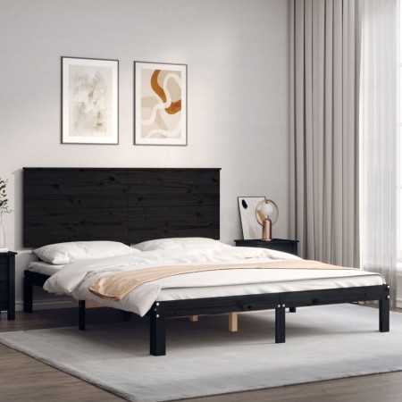 Bed frame with black solid wood headboard 160x200 cm by vidaXL, Beds and slatted bases - Ref: Foro24-3193675, Price: 176,10 €...