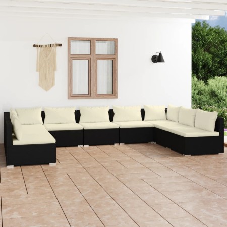 Set de muebles de jardín 9 pzas y cojines ratán sintético negro de vidaXL, Conjuntos de jardín - Ref: Foro24-3101903, Precio:...