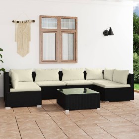 Set de muebles de jardín 7 pzas y cojines ratán sintético negro de vidaXL, Conjuntos de jardín - Ref: Foro24-3101879, Precio:...