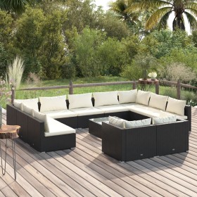 Set de muebles de jardín 12 pzas cojines ratán sintético negro de vidaXL, Conjuntos de jardín - Ref: Foro24-3102079, Precio: ...