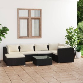 Set de muebles de jardín 7 pzas y cojines ratán sintético negro de vidaXL, Conjuntos de jardín - Ref: Foro24-3101815, Precio:...