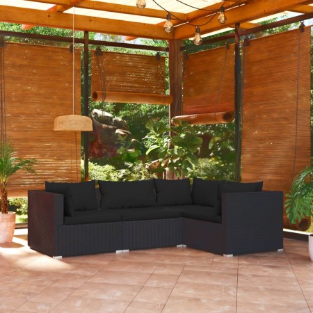 Set de muebles de jardín 4 pzas y cojines ratán sintético negro de vidaXL, Conjuntos de jardín - Ref: Foro24-3101672, Precio:...