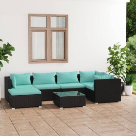 Set de muebles de jardín 7 pzas y cojines ratán sintético negro de vidaXL, Conjuntos de jardín - Ref: Foro24-3101817, Precio:...