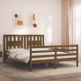 Double bed frame with honey brown wooden headboard by vidaXL, Beds and slatted bases - Ref: Foro24-3194579, Price: 153,99 €, ...