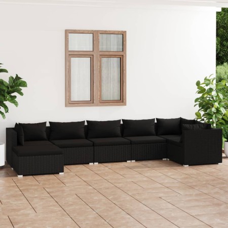 Set de muebles de jardín 7 pzas y cojines ratán sintético negro de vidaXL, Conjuntos de jardín - Ref: Foro24-3101824, Precio:...