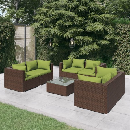 Set muebles de jardín 7 piezas y cojines ratán sintético marrón de vidaXL, Conjuntos de jardín - Ref: Foro24-3102308, Precio:...