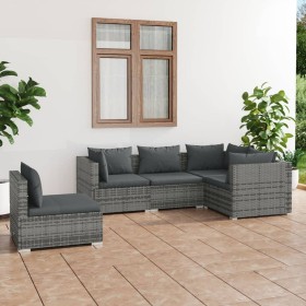 Set de muebles de jardín 5 pzas y cojines ratán sintético gris de vidaXL, Conjuntos de jardín - Ref: Foro24-3102317, Precio: ...