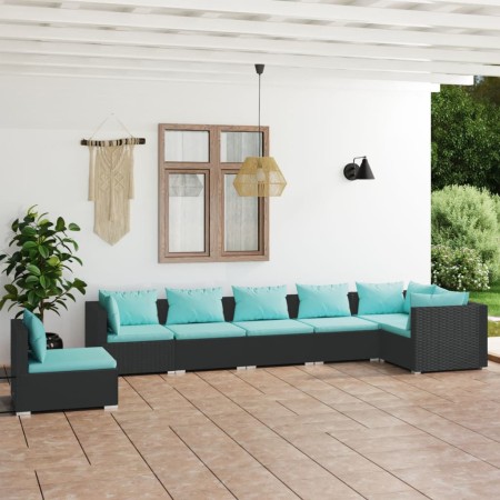 Set de muebles de jardín 7 pzas y cojines ratán sintético negro de vidaXL, Conjuntos de jardín - Ref: Foro24-3102337, Precio:...