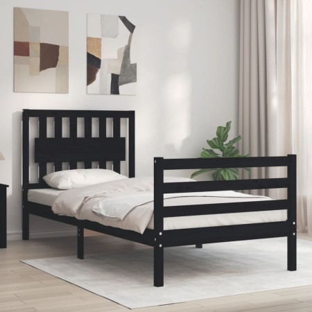 Bed frame with black solid wood headboard 90x200 cm by vidaXL, Beds and slatted bases - Ref: Foro24-3194300, Price: 122,80 €,...