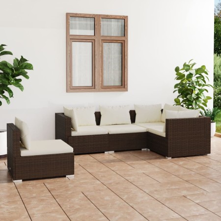 Set muebles de jardín 5 piezas y cojines ratán sintético marrón de vidaXL, Conjuntos de jardín - Ref: Foro24-3102314, Precio:...