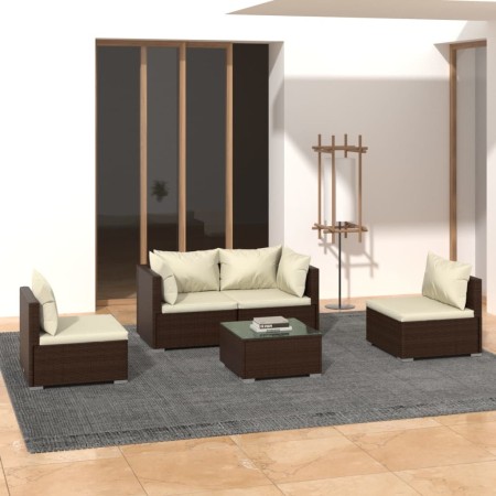 Set muebles de jardín 5 piezas y cojines ratán sintético marrón de vidaXL, Conjuntos de jardín - Ref: Foro24-3102178, Precio:...