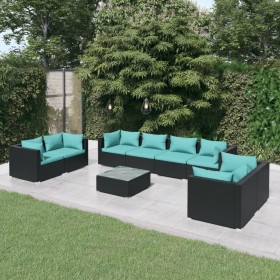 Set de muebles de jardín 9 pzas y cojines ratán sintético negro de vidaXL, Conjuntos de jardín - Ref: Foro24-3102289, Precio:...