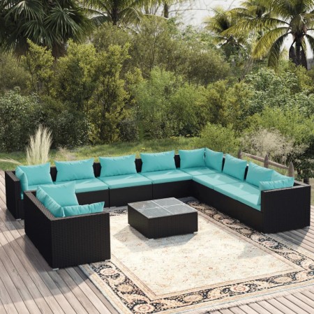 Set muebles de jardín 11 pzas y cojines ratán sintético negro de vidaXL, Conjuntos de jardín - Ref: Foro24-3102521, Precio: 1...