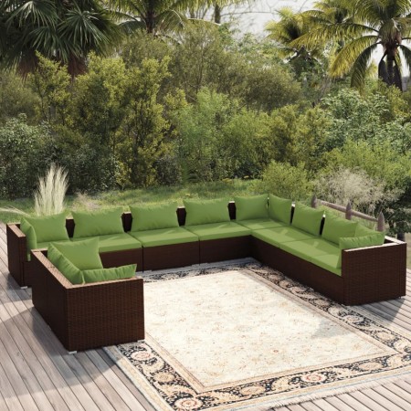 Set muebles de jardín 10 pzas y cojines ratán sintético marrón de vidaXL, Conjuntos de jardín - Ref: Foro24-3102516, Precio: ...