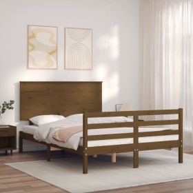 Double bed frame with honey brown wooden headboard by vidaXL, Beds and slatted bases - Ref: Foro24-3195194, Price: 156,99 €, ...