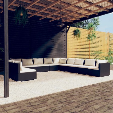 Set muebles de jardín 11 pzas y cojines ratán sintético negro de vidaXL, Conjuntos de jardín - Ref: Foro24-3102447, Precio: 1...