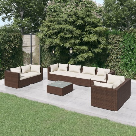 Set muebles de jardín 9 piezas y cojines ratán sintético marrón de vidaXL, Conjuntos de jardín - Ref: Foro24-3102290, Precio:...