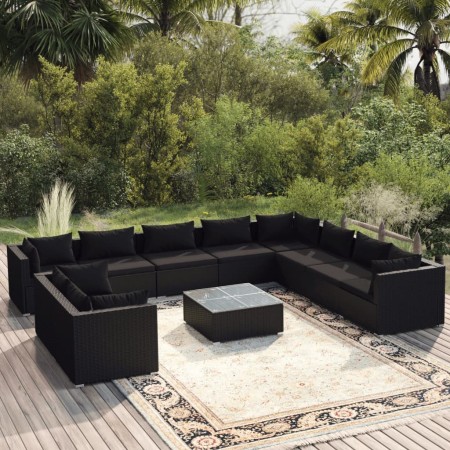 Set muebles de jardín 11 pzas y cojines ratán sintético negro de vidaXL, Conjuntos de jardín - Ref: Foro24-3102520, Precio: 1...