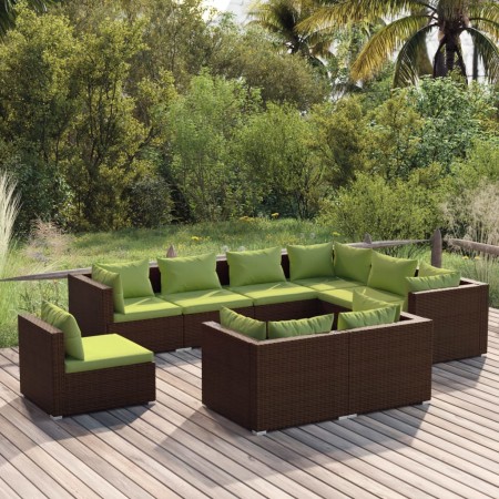 Set muebles de jardín 9 piezas y cojines ratán sintético marrón de vidaXL, Conjuntos de jardín - Ref: Foro24-3102644, Precio:...