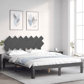 Gray solid wood bed frame with headboard 140x200 cm by vidaXL, Beds and slatted bases - Ref: Foro24-3193728, Price: 140,87 €,...