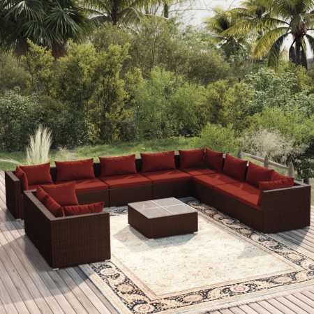 Set de muebles de jardín 11 pzas cojines ratán sintético marrón de vidaXL, Conjuntos de jardín - Ref: Foro24-3102523, Precio:...