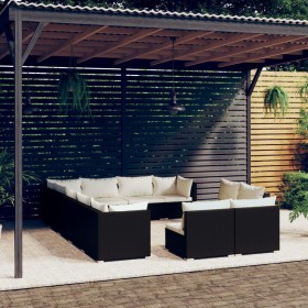 Set de muebles de jardín 12 pzas cojines ratán sintético negro de vidaXL, Conjuntos de jardín - Ref: Foro24-3102839, Precio: ...