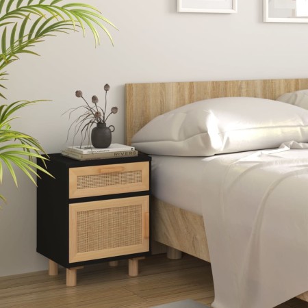 Mesita de noche madera maciza pino negra y ratán natural de vidaXL, Mesitas de noche - Ref: Foro24-345608, Precio: 75,73 €, D...