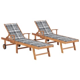 Tumbonas 2 uds madera maciza de teca con cojín a cuadros gris de vidaXL, Tumbonas - Ref: Foro24-3073200, Precio: 582,99 €, De...