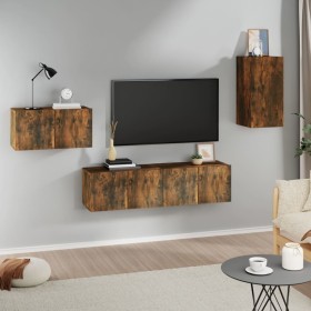 TV furniture set 4 pieces smoked oak plywood by vidaXL, TV Furniture - Ref: Foro24-3120260, Price: 132,99 €, Discount: %