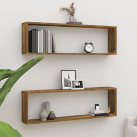 Cubic wall shelf 2 pcs smoked oak wood 100x15x30cm by vidaXL, Shelves and shelves - Ref: Foro24-815906, Price: 32,19 €, Disco...