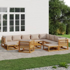 Outdoor furniture set, 12 pieces, solid wood and gray taupe cushions by vidaXL, Garden sets - Ref: Foro24-3155263, Price: 1,0...