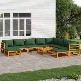 Garden furniture set 11 pieces solid wood and green cushions by vidaXL, Garden sets - Ref: Foro24-3155324, Price: 1,00 €, Dis...